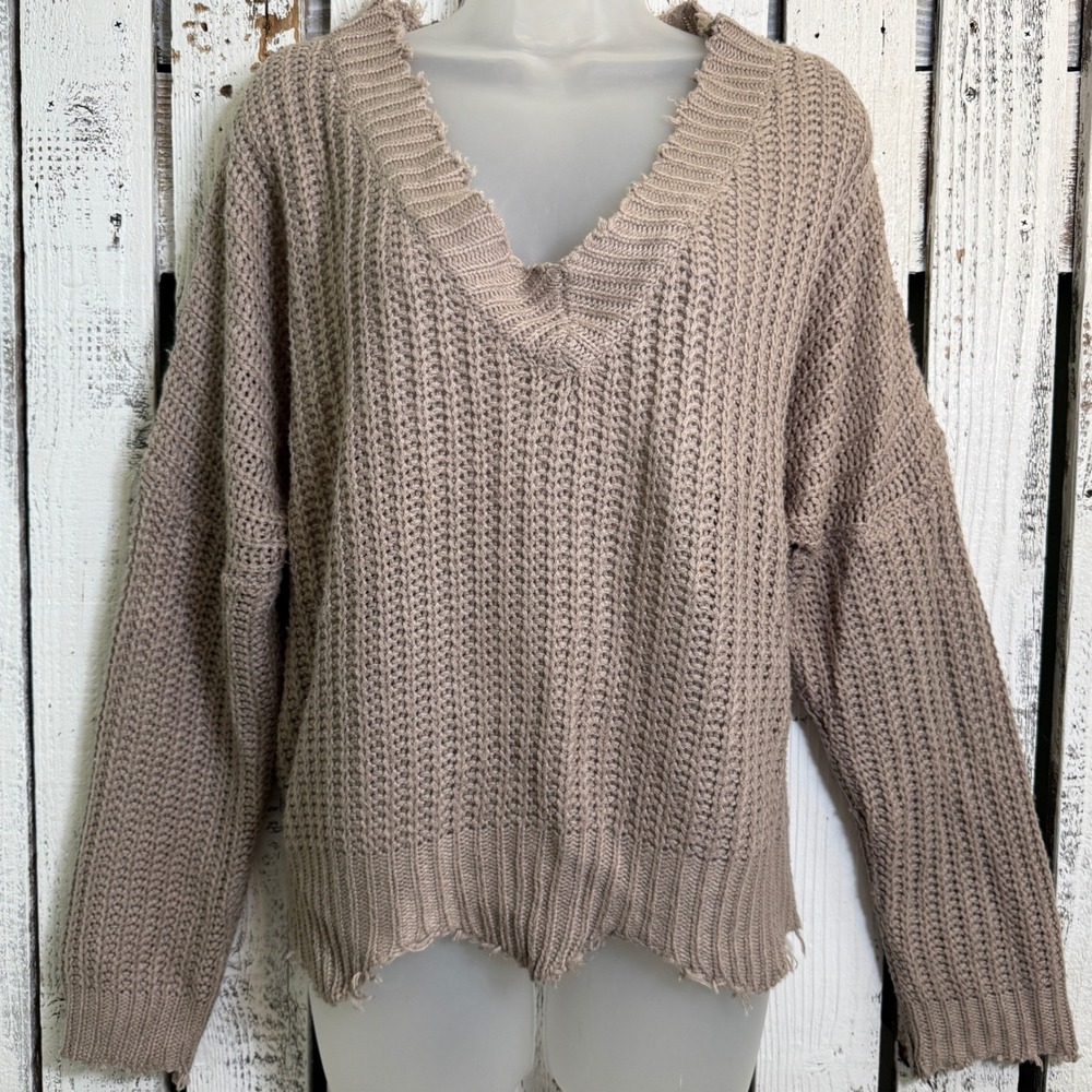 Main Strip Oversized Knit Sweater Womens Large Beige V Neck Grunge Festival Boho